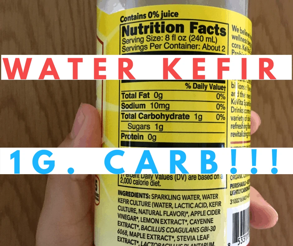 close up of kevita kefir water bottle with title water kefir 1 gram carb