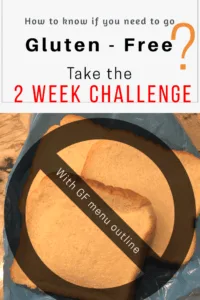 image of bread with a sign crossing it out. text that reads how to know if you need to go gluten free. take the 2 week challenge with GF menu outline