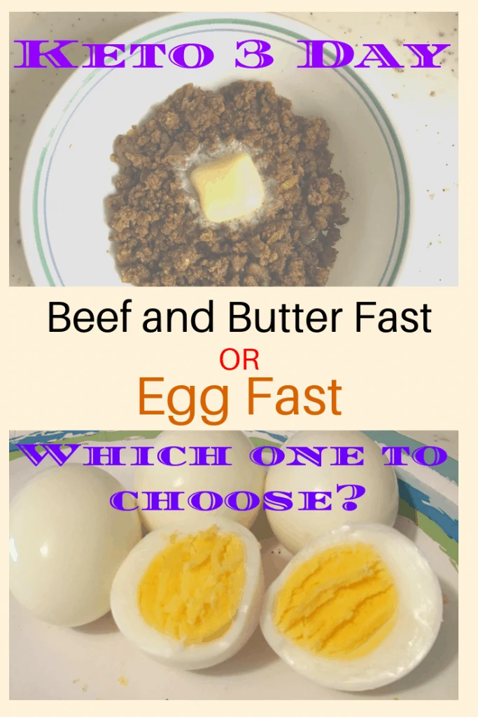 bowl of cooked ground beef with a pat of butter. and a plate of hard boiled eggs, one egg is cut open. the title in between the foods says beef and butter fast or egg fast which one to choose