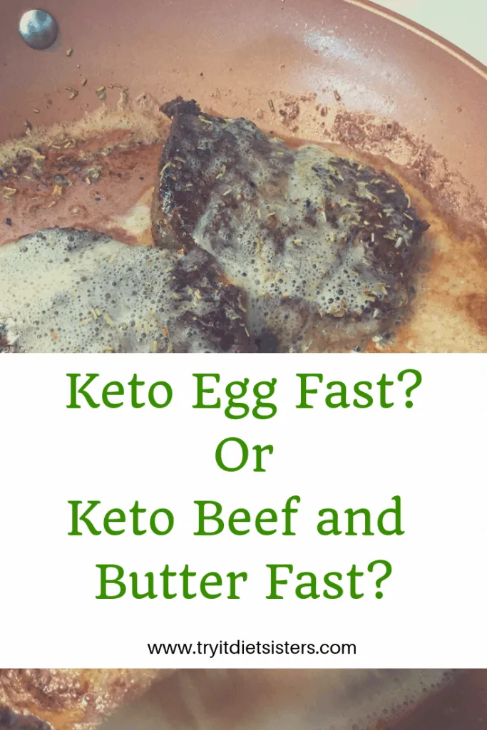 two beef steaks with butter bubbling around them in a sizzling pan. with words underneath. keto egg fast or keto beef and butter fast