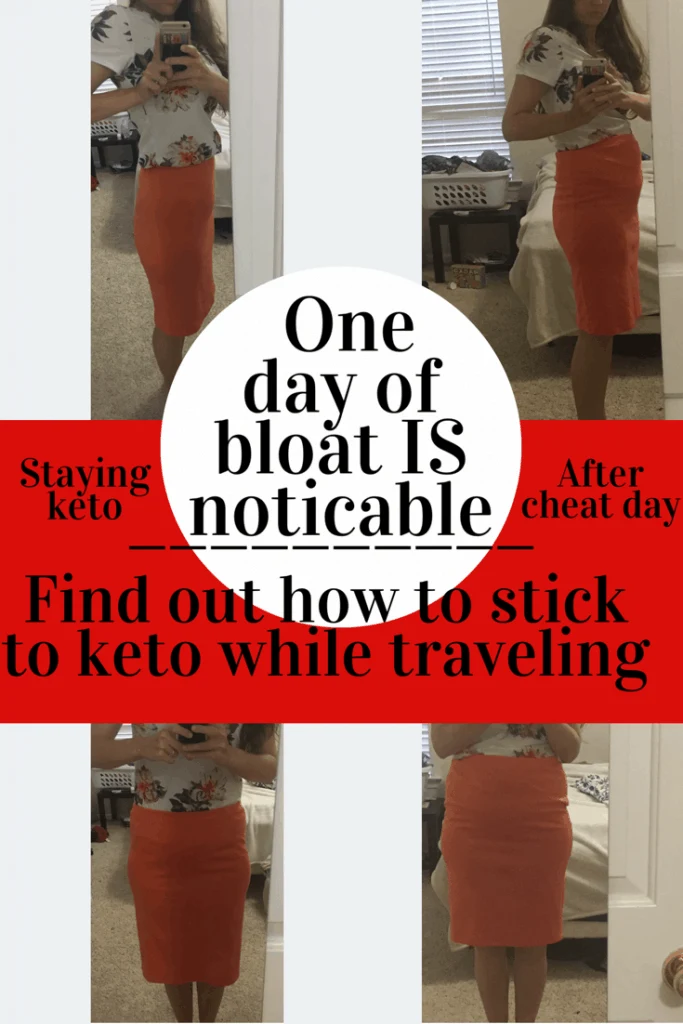 before and after pictures of a woman the day before she ate inflammatory foods, and the day after eating. the day after she has noticeable bloat around her stomach. the title reads one day of bloat is noticeable. staying keto and after cheat day. find out how to stick to keto while traveling
