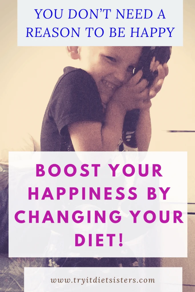 boy playing with a happy smile. with words boost your happiness by changing you diet