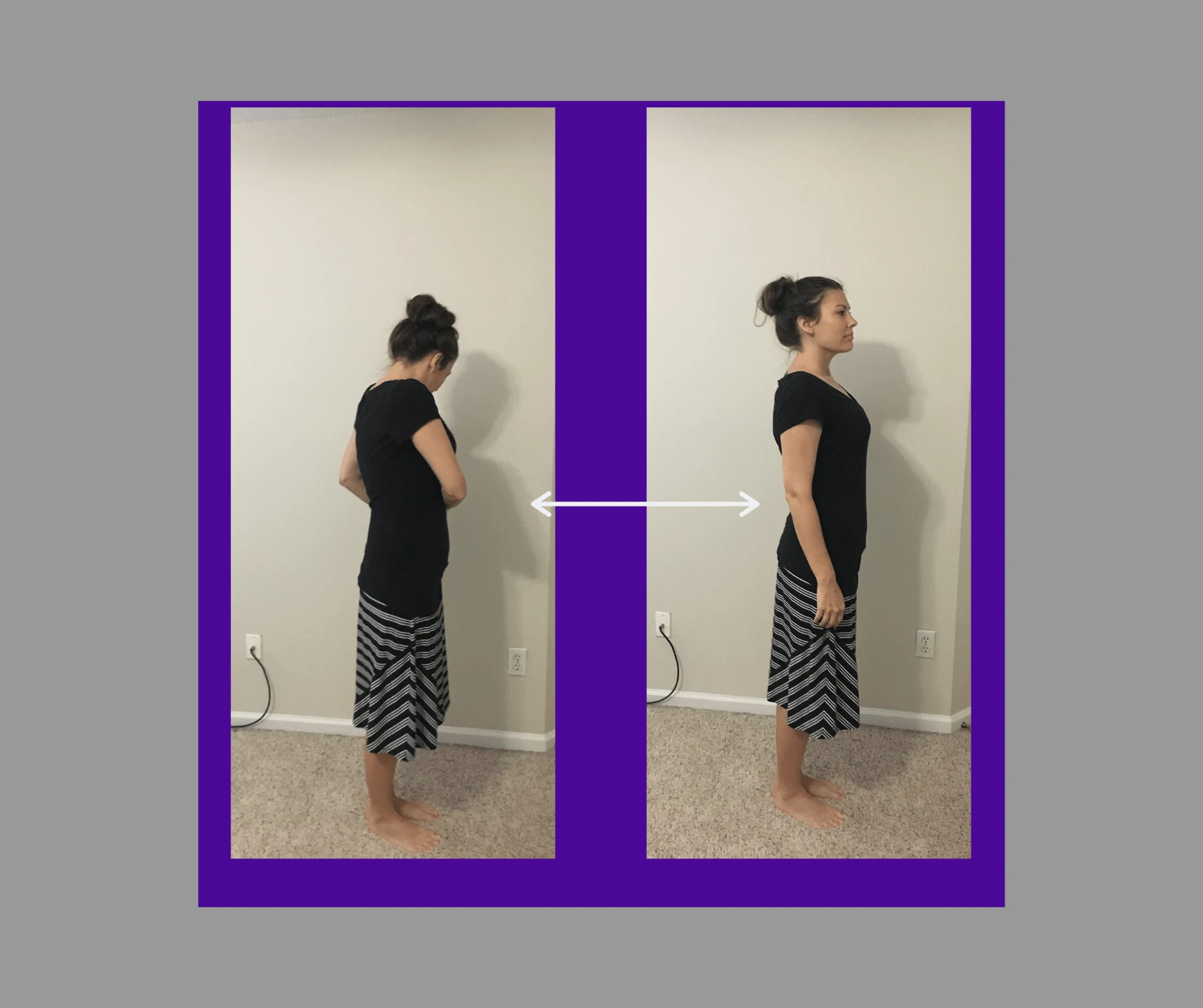 side by side image of girl with a bun in her hair and a black shirt and striped dress. image on the left her back is bent forward, and the image on the right is her standing with her back straight and confident