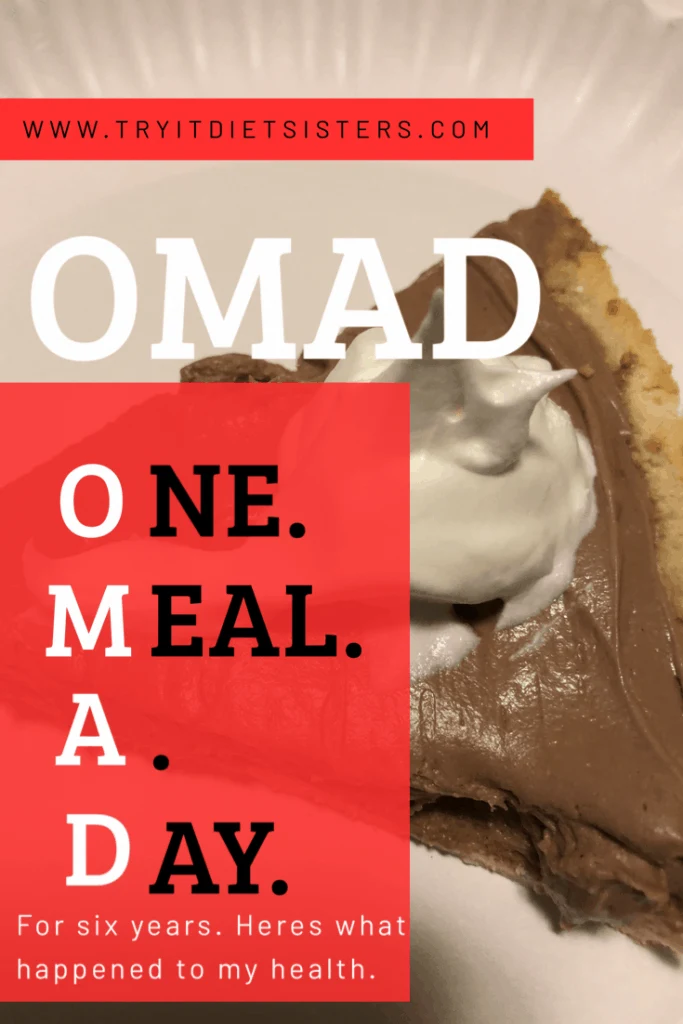 chocolate silk pudding pie. with words over it. OMAD one meal a day. for six years here is what happened to my health