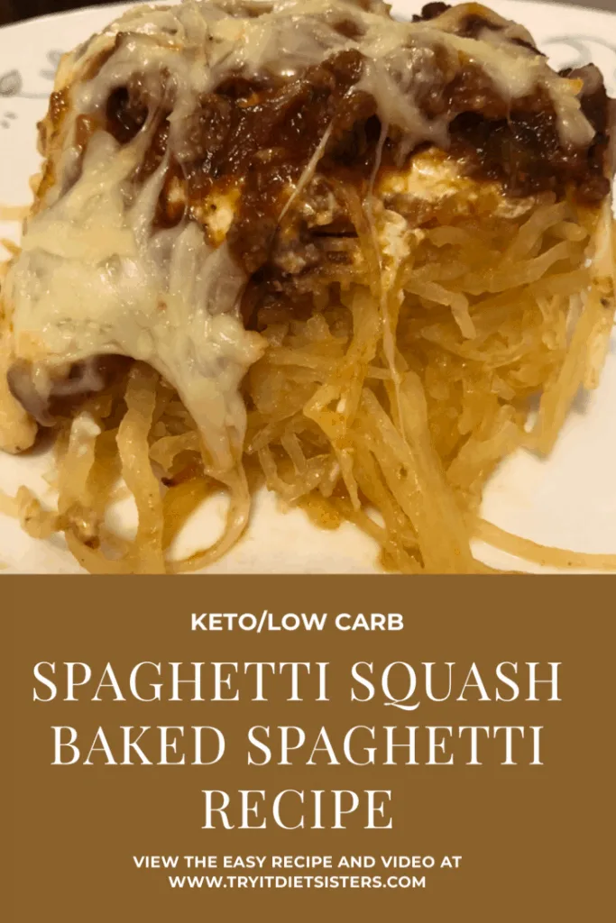 A close up of food, with Spaghetti Squash with a title below reading keto and low carb spaghetti squash baked spaghetti recipe