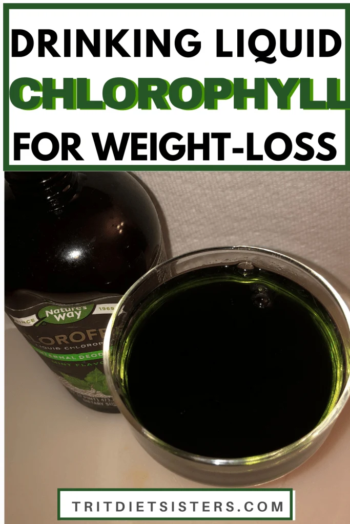 text reads drinking chlorophyll for weight loss with an image of a cup of green liquid chlorophyll