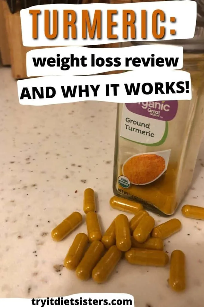 Jar of organic ground turmeric with turmeric capsules around the jar. with the words turmeric weight loss review and why it works in the heading and the website try it diet sisters dot com at the bottom of the picture