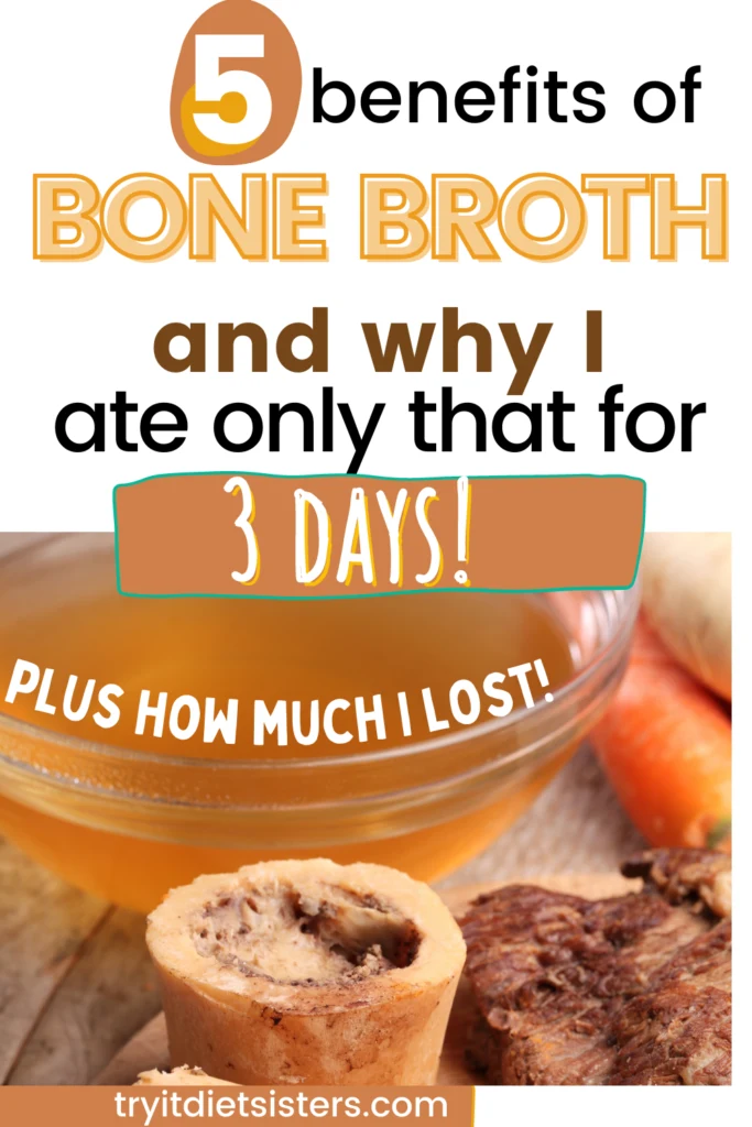 a cup of warm bone broth with beef bones and steak to the side, with carrots