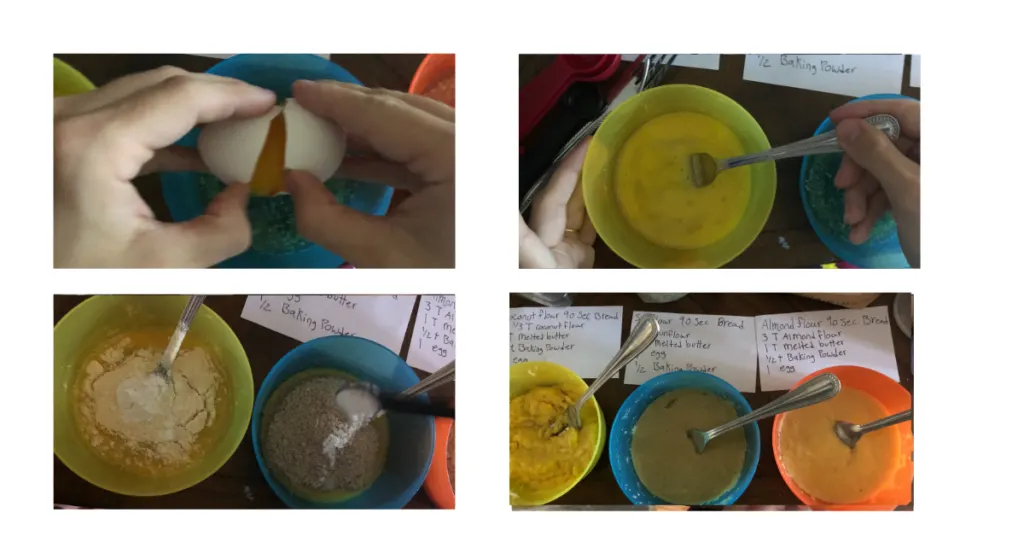 4 images. 1 is cracking an egg. 2 is whisking the egg in the bowl. 3 is adding flour and baking powder. 4 is mixed but not in the microwave yet
