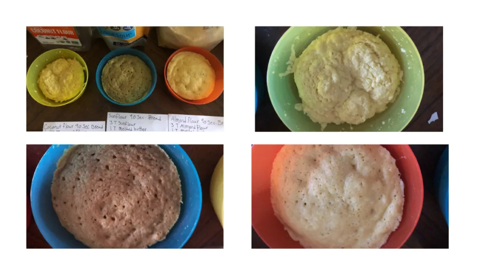 4 images. top right 3 90 second bread bowls just out of the microwave. next 3 images are close ups of the coconut, sunflour, and almond breads