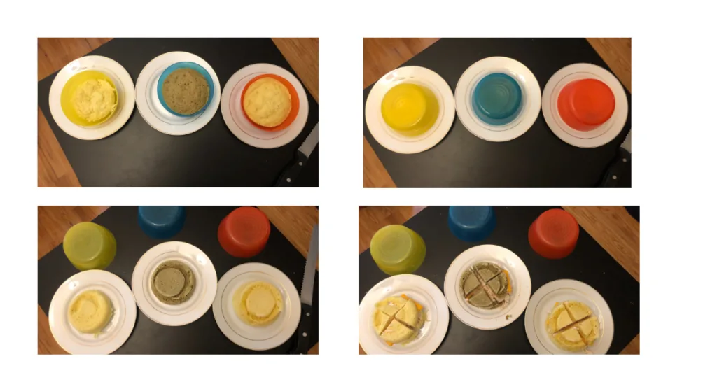 4 images. top left 3 bowls of 90 second bread inside. top right the 3 bowls upside down on a plate, bottom left, the bowls are gone and the 90 second bread is left on the plates. bottom right, the breads are cut into 4ths