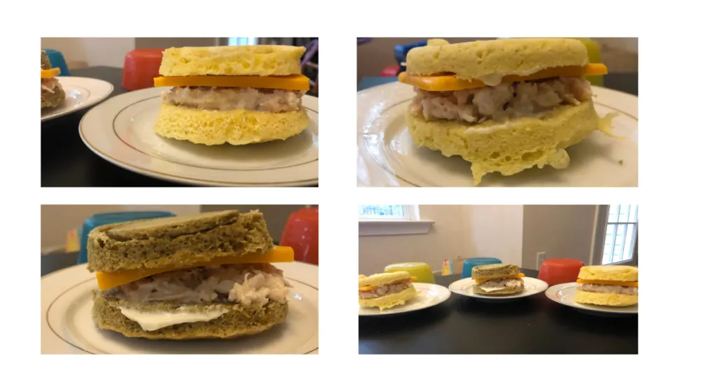 4 close up images of keto 90 second bread. top left is almond flour bread with chicken and cheese, top right is coconut flour sandwich, bottom left is sunflour sandwich, bottom right is all 3 sandwiches in a row