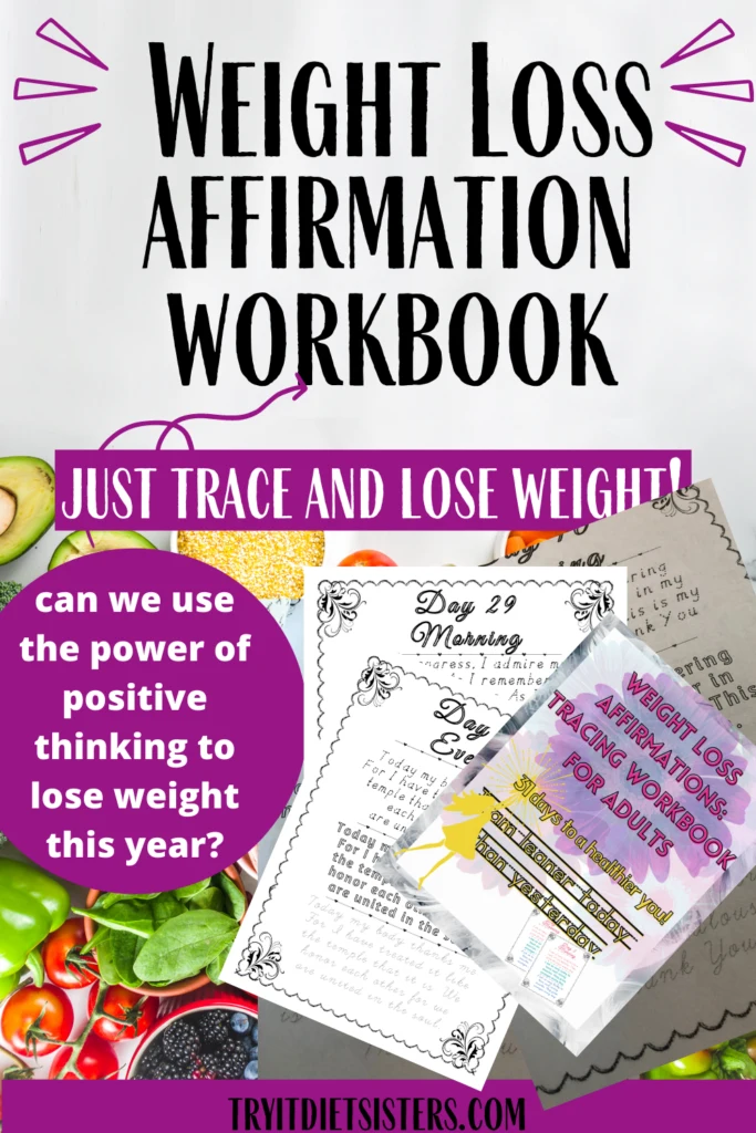 pages from the workbook weight loss affirmations tracing workbook for adults. and a table full of healthy fruits and vegetables