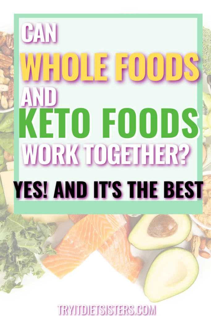fish, avocadoes and other whole, keto friendly foods in the background, with the words can whole foods and keto foods work together? yes and its the best