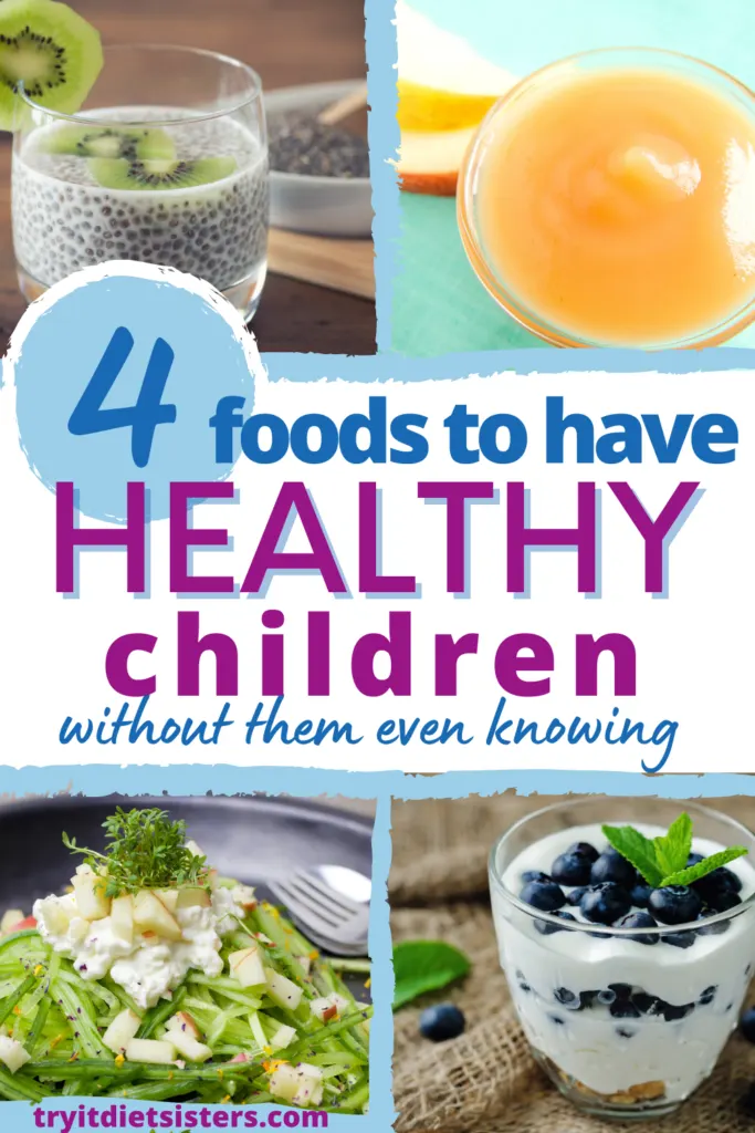 four images of healthy foods: chia seeds, apple sauce, cucumbers, and greek yogurt